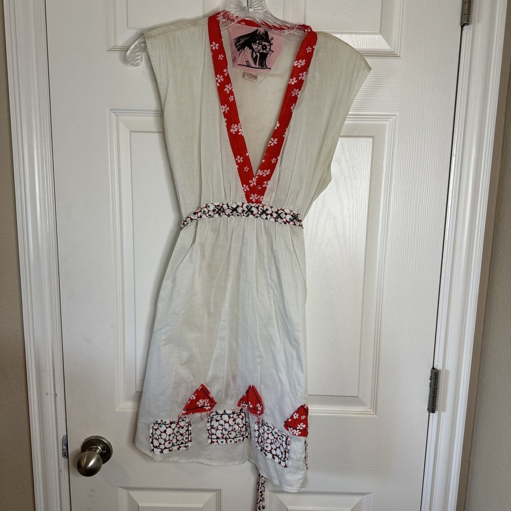Lucca Boho Prairie Dress Ivory Red Floral Trim Tie Waist Cottagecore Tunic Mediu